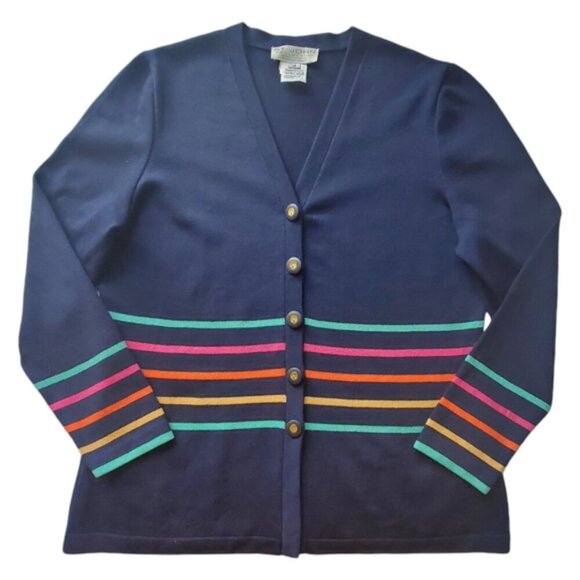 St. John Collection Wool-Blend Navy Striped Sweater Cardigan Size 14 - Picture 3 of 12